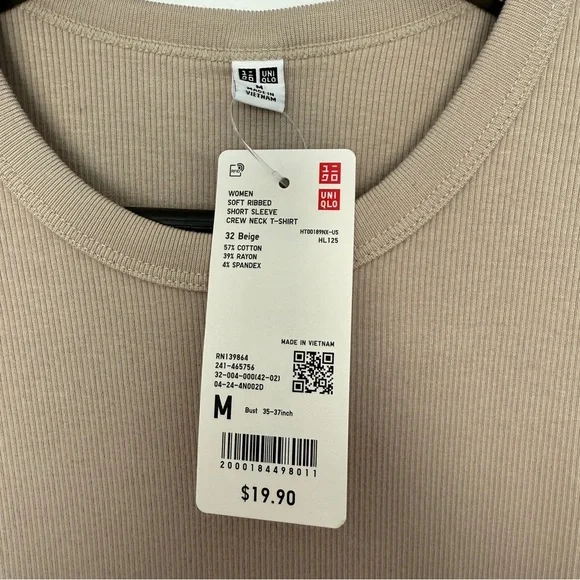 NWT Uniqlo Soft Ribbed Short Sleeve Crew Neck T-Shirt Beige M - Picture 4 of 5